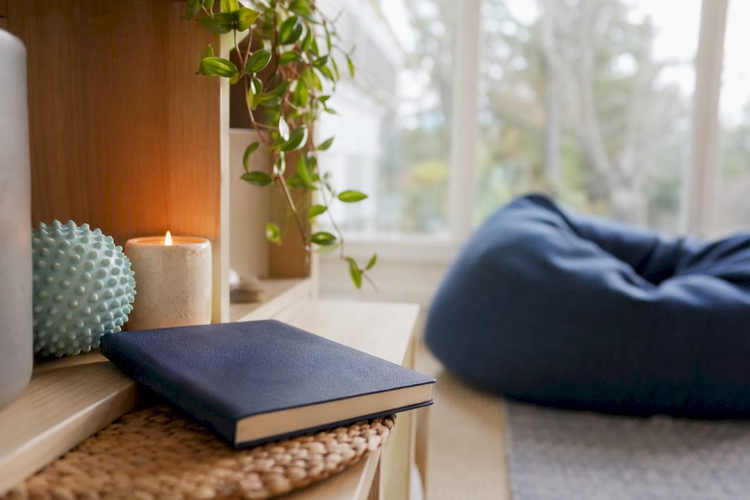 Mindfulness tools on shelf in cozy corner