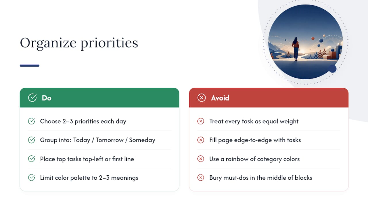 Diagram showing task prioritization strategies in planner layouts
