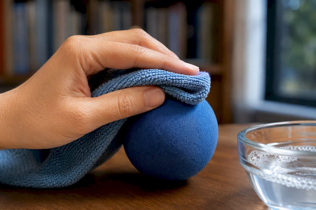 Hand wiping a foam stress ball clean