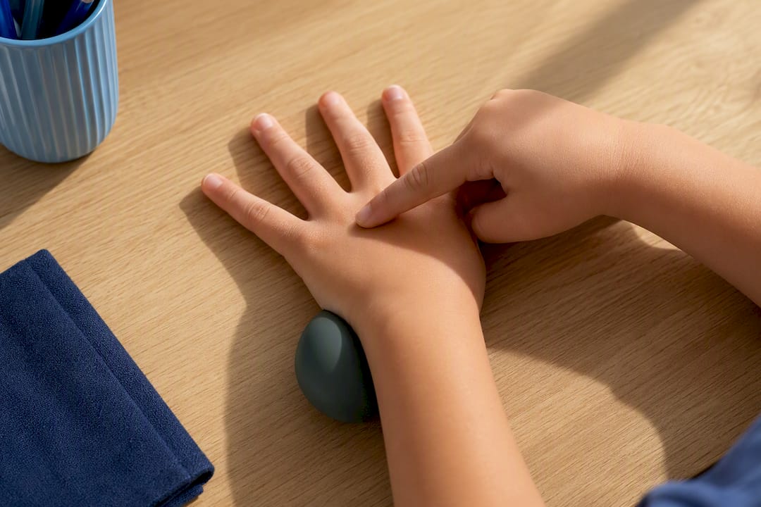 Hands demonstrating five-finger breathing with stress ball