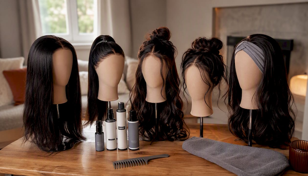 Variety of glueless wig styles on mannequins