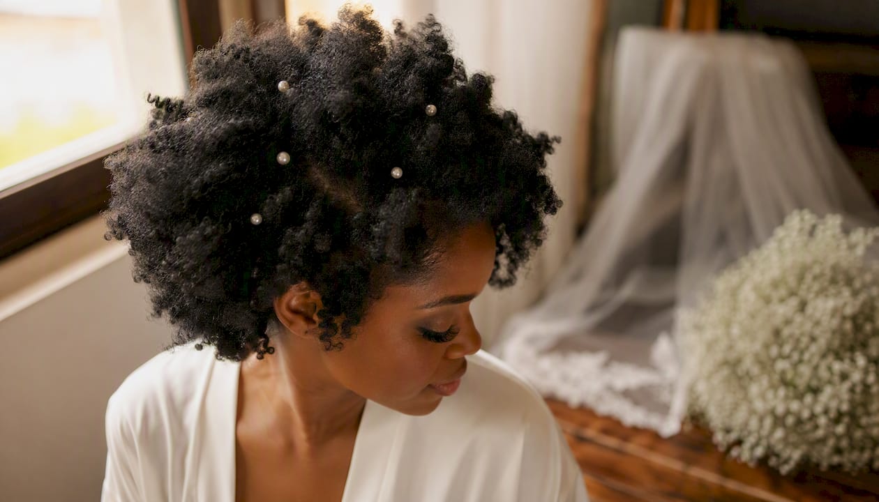 Natural coil-out hairstyle with pearl pins