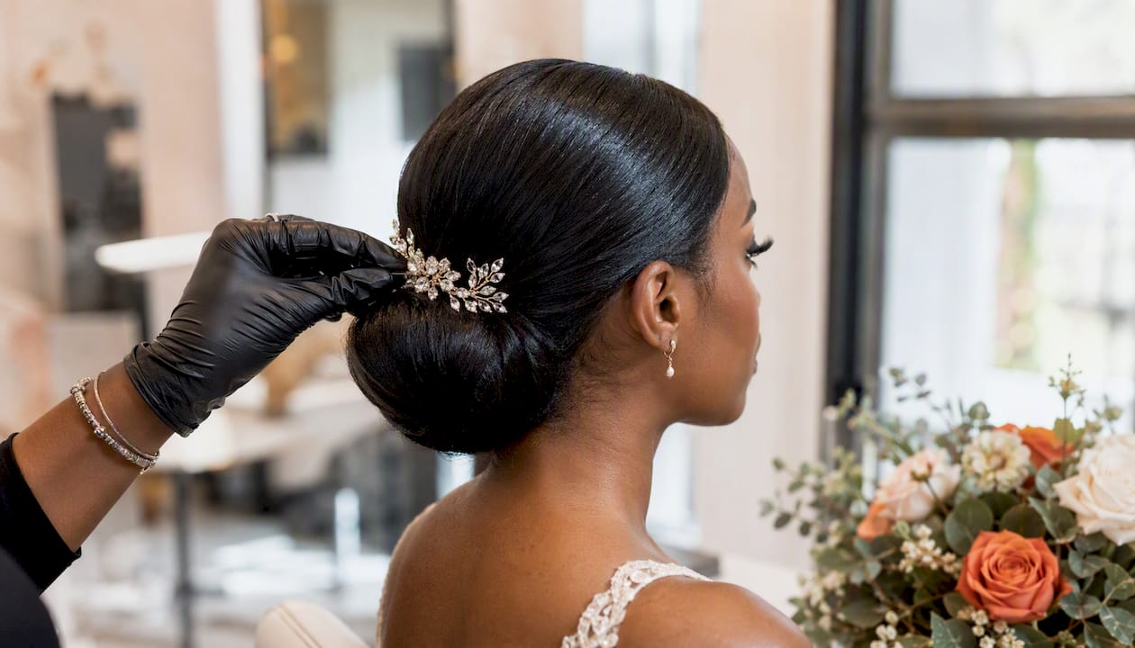 Sleek low chignon with jeweled barrette