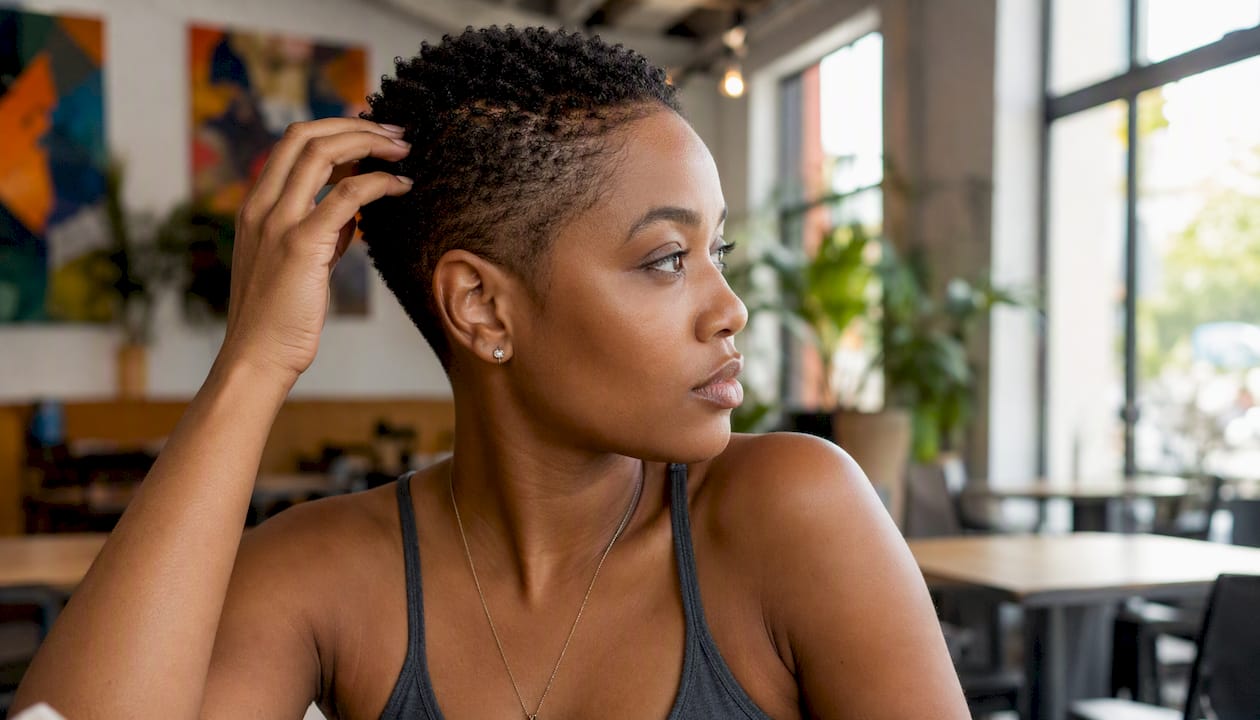 Black woman styling micro pixie cut