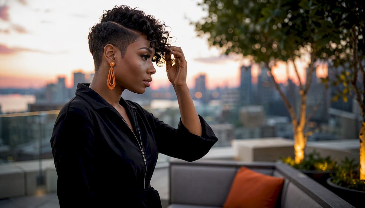 Black woman with asymmetrical pixie adjusting hair