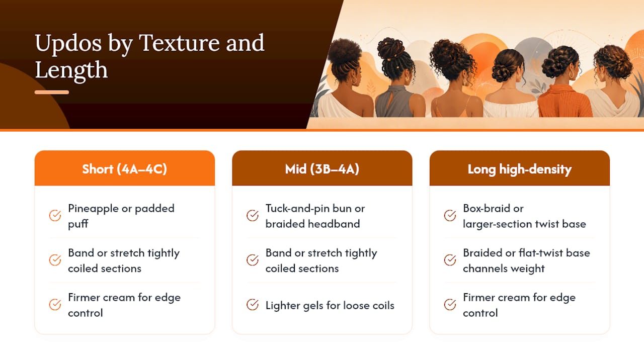 Diagram showing updo style adaptations by hair texture and length