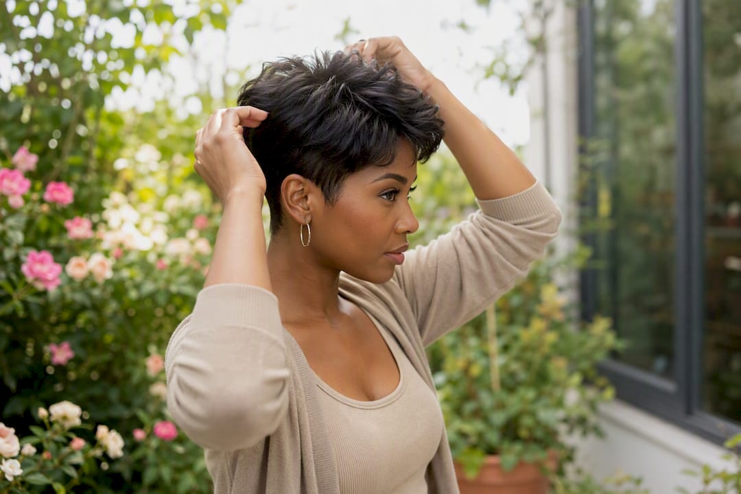 Black woman styling tapered pixie haircut
