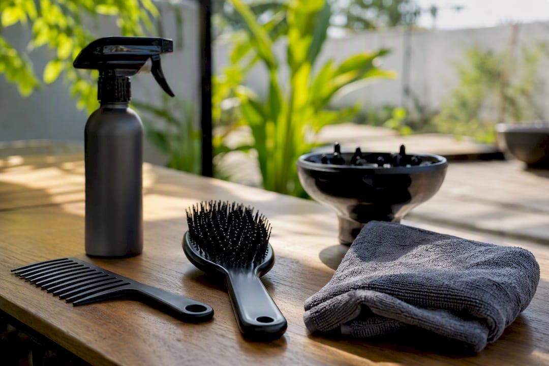 Hair styling tools for defining curls on white table