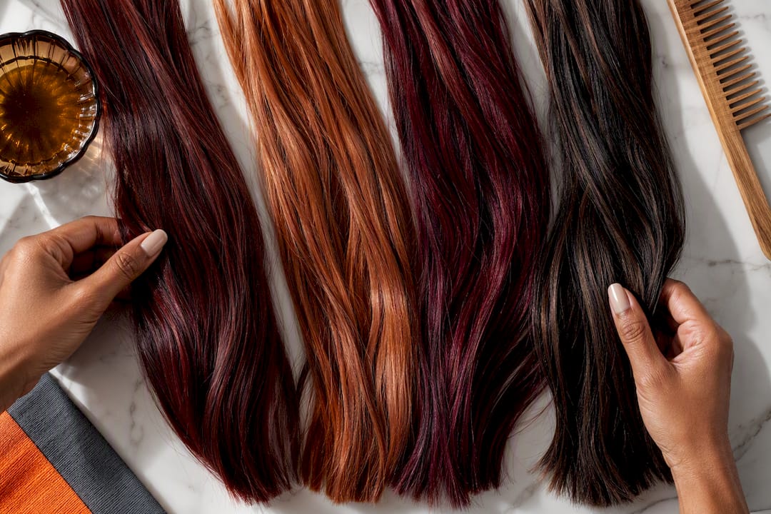 Hands comparing warm braid extension colors