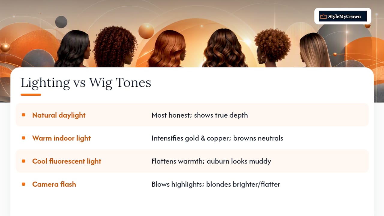 How four lighting conditions alter wig color