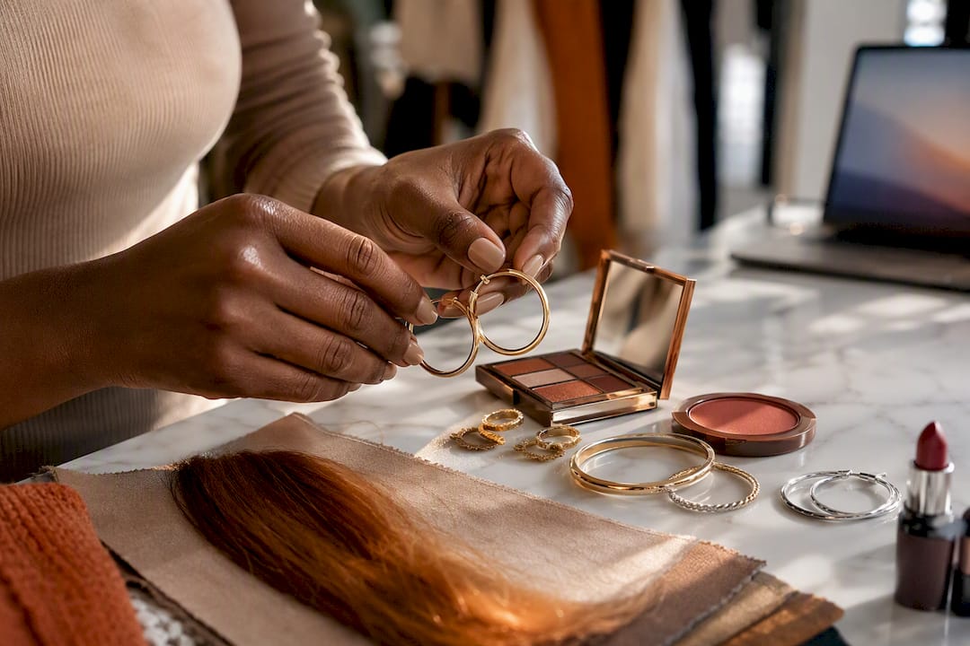 Warm makeup and gold accessories beside hair swatches