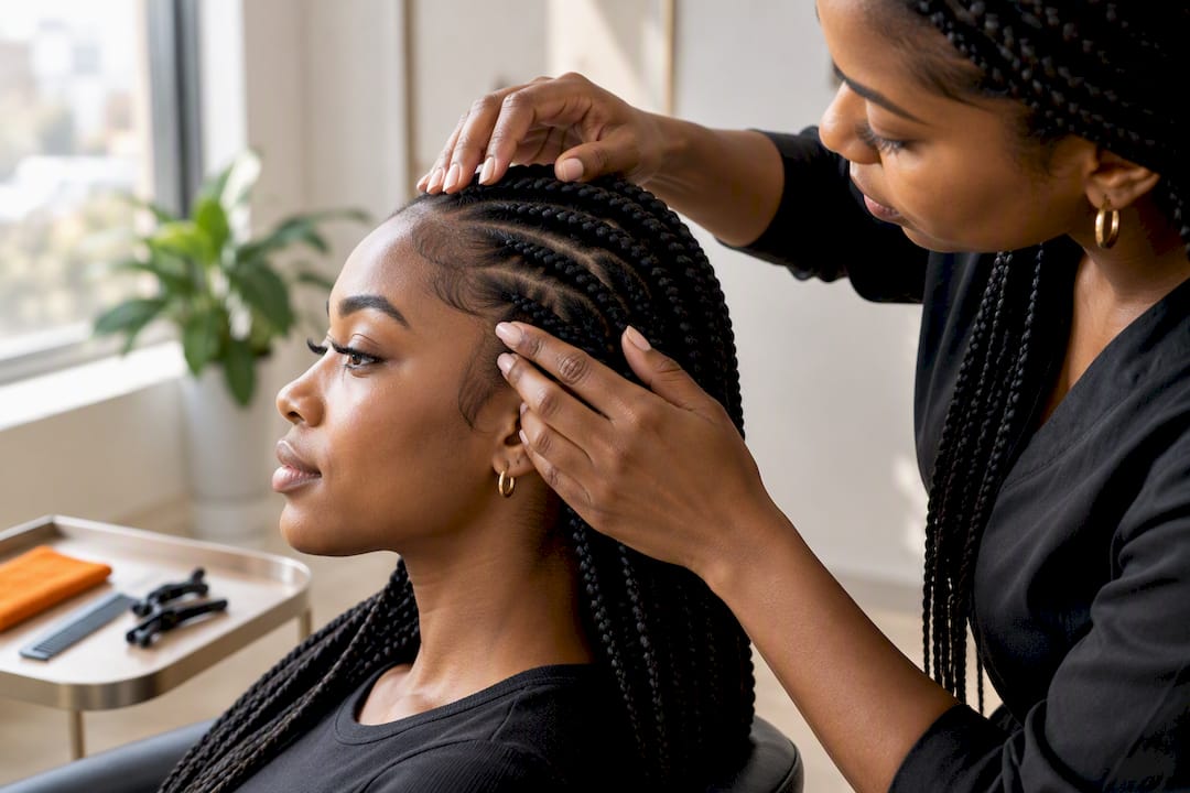 Braider checking tension around client’s edges