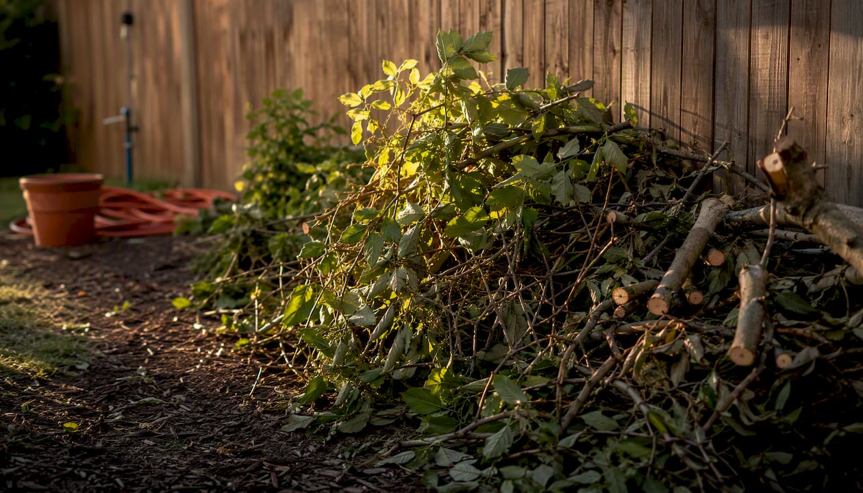 Organized yard waste pile by garden gate