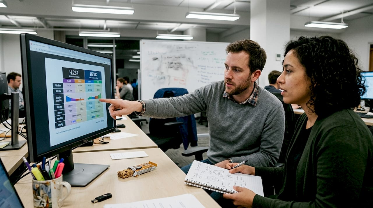 Coworkers review codec chart in open office