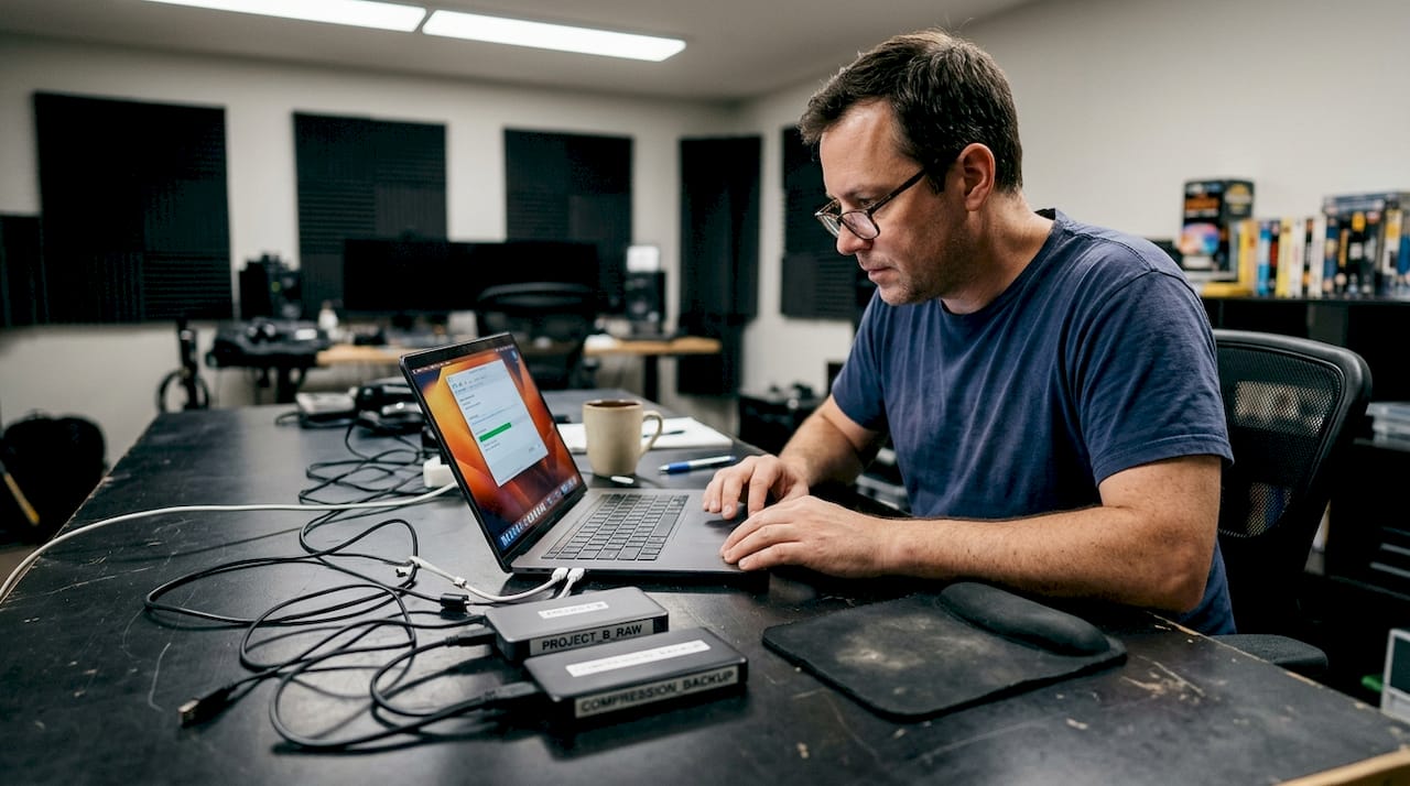 Man compressing videos in editing studio