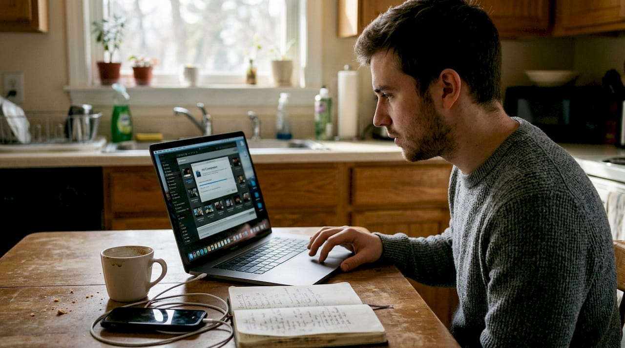 Video creator compressing files at kitchen table