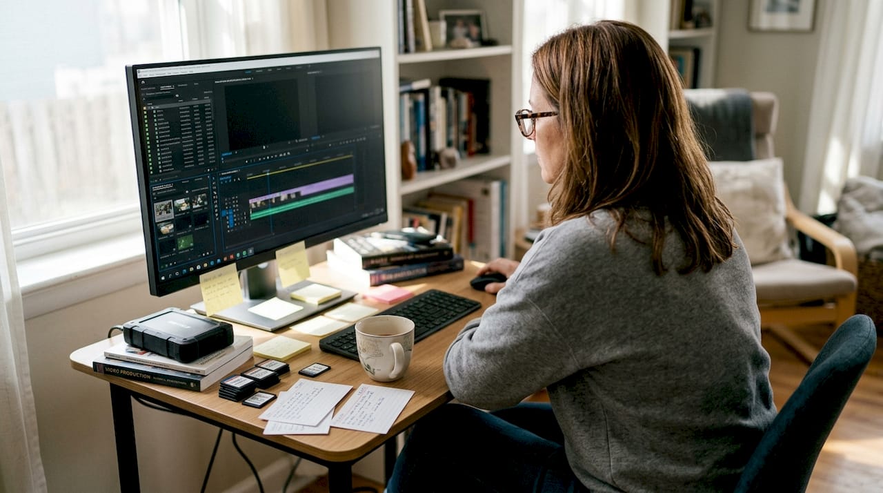 Woman reviewing HEVC video files at desk
