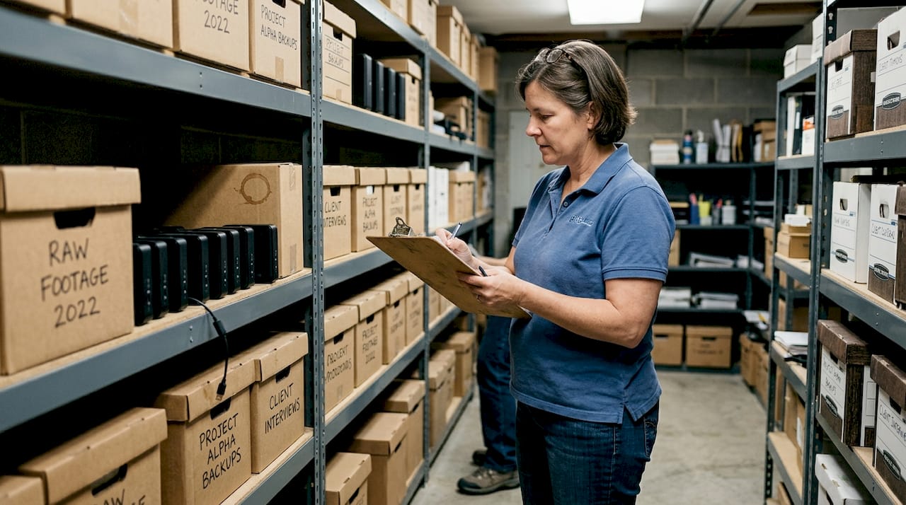Woman sorting video archive drives and tapes