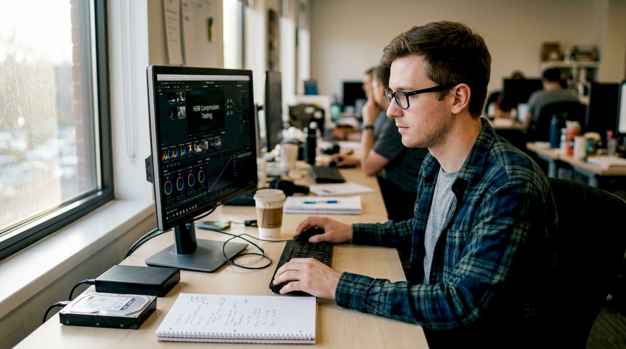 Engineer testing HDR compression software at workstation