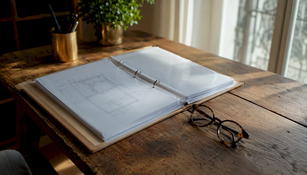 Classeur ouvert contenant des documents de rénovation posé sur un bureau en bois