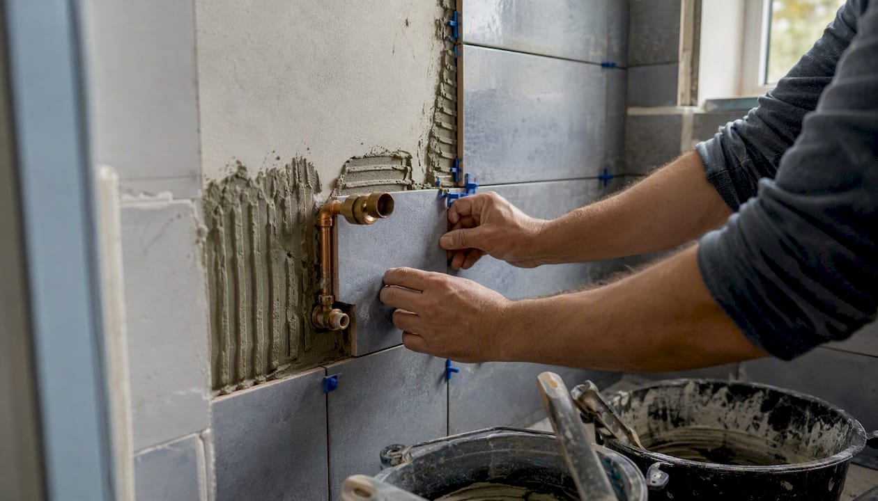 Pose de carrelage autour des arrivées d’eau dans la salle de bain