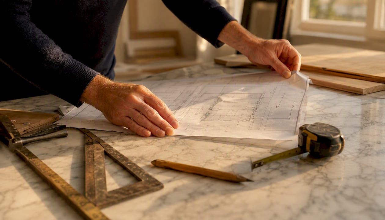 Des mains réajustent un plan de rénovation, entourées d’outils de bricolage.