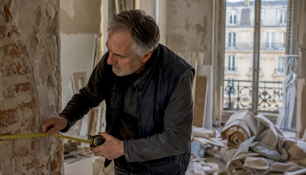 Le commissaire procède aux mesures du mur sur le chantier, dont les travaux sont actuellement interrompus.