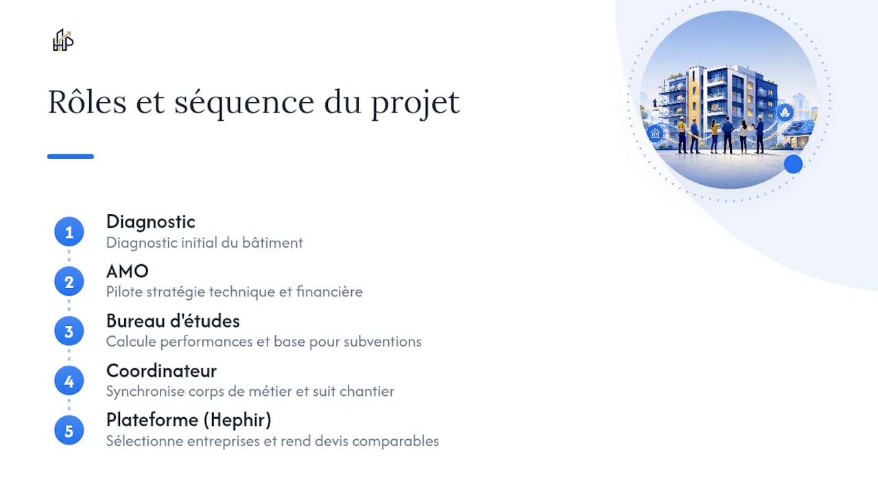 Schéma des rôles : AMO, bureau d’études, coordinateur de chantier