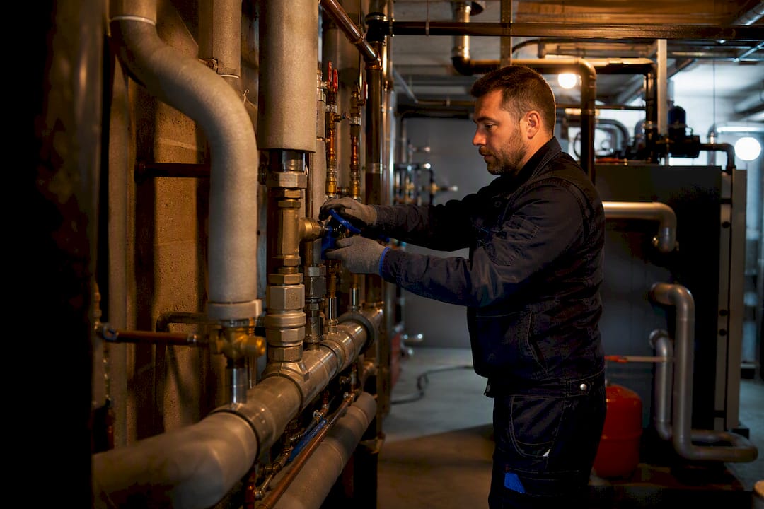 Technicien contrôlant une chaufferie collective