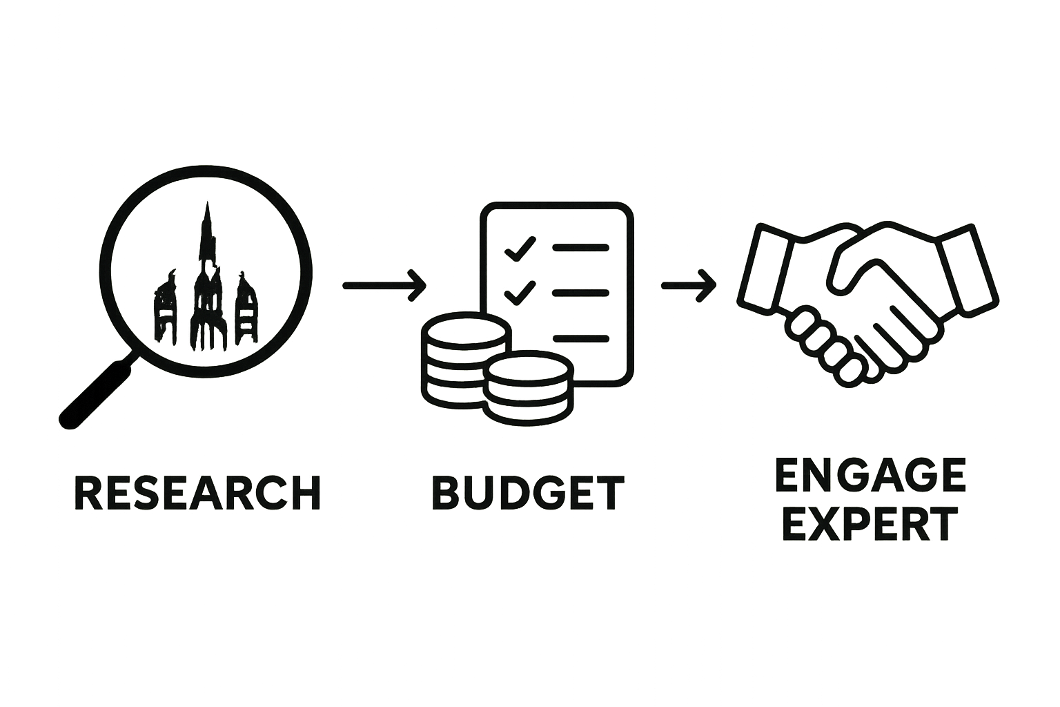 Three-step Dubai property acquisition workflow with icons for research, budgeting, and expert engagement