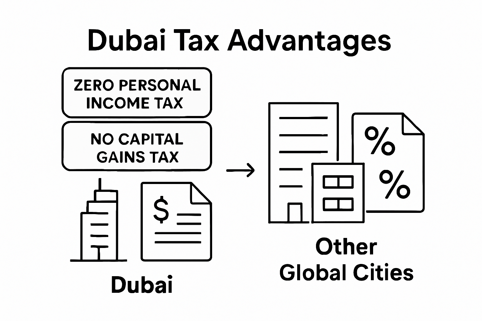 Infographic comparing Dubai real estate tax advantages versus other cities