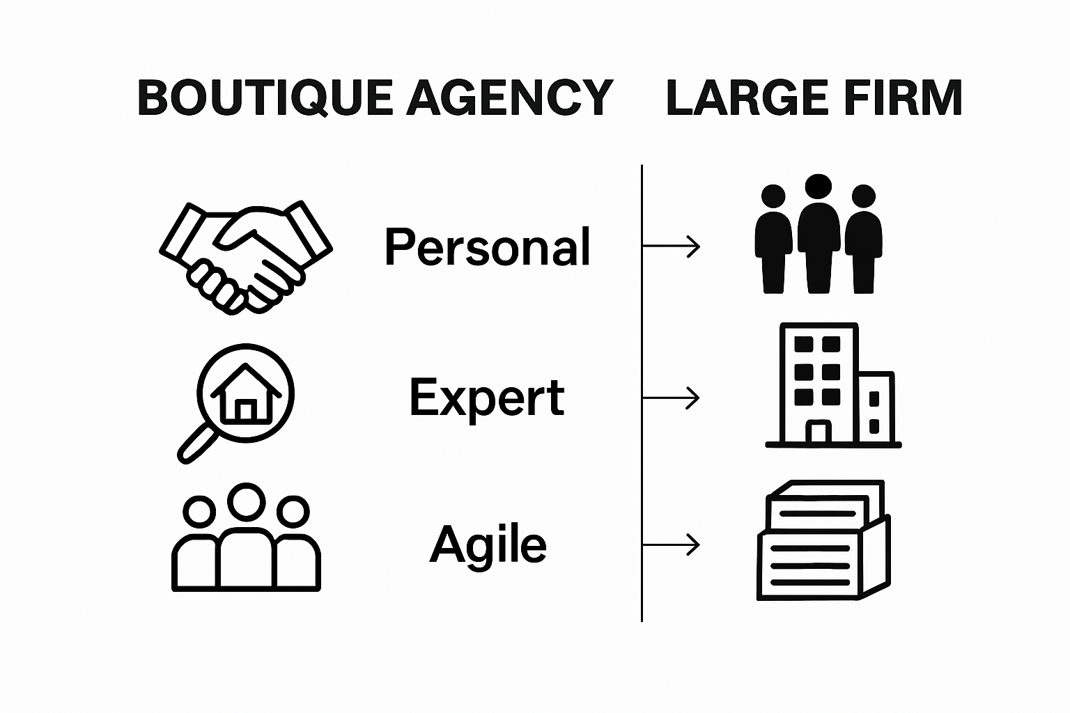 Visuele vergelijking tussen boetiekagentschap en grote onderneming