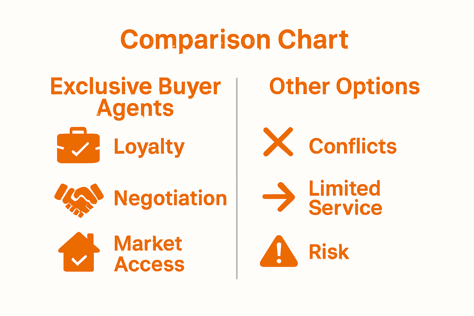 Infografika porównująca wyłącznych agentów kupujących z alternatywami w branży luksusowych nieruchomości.