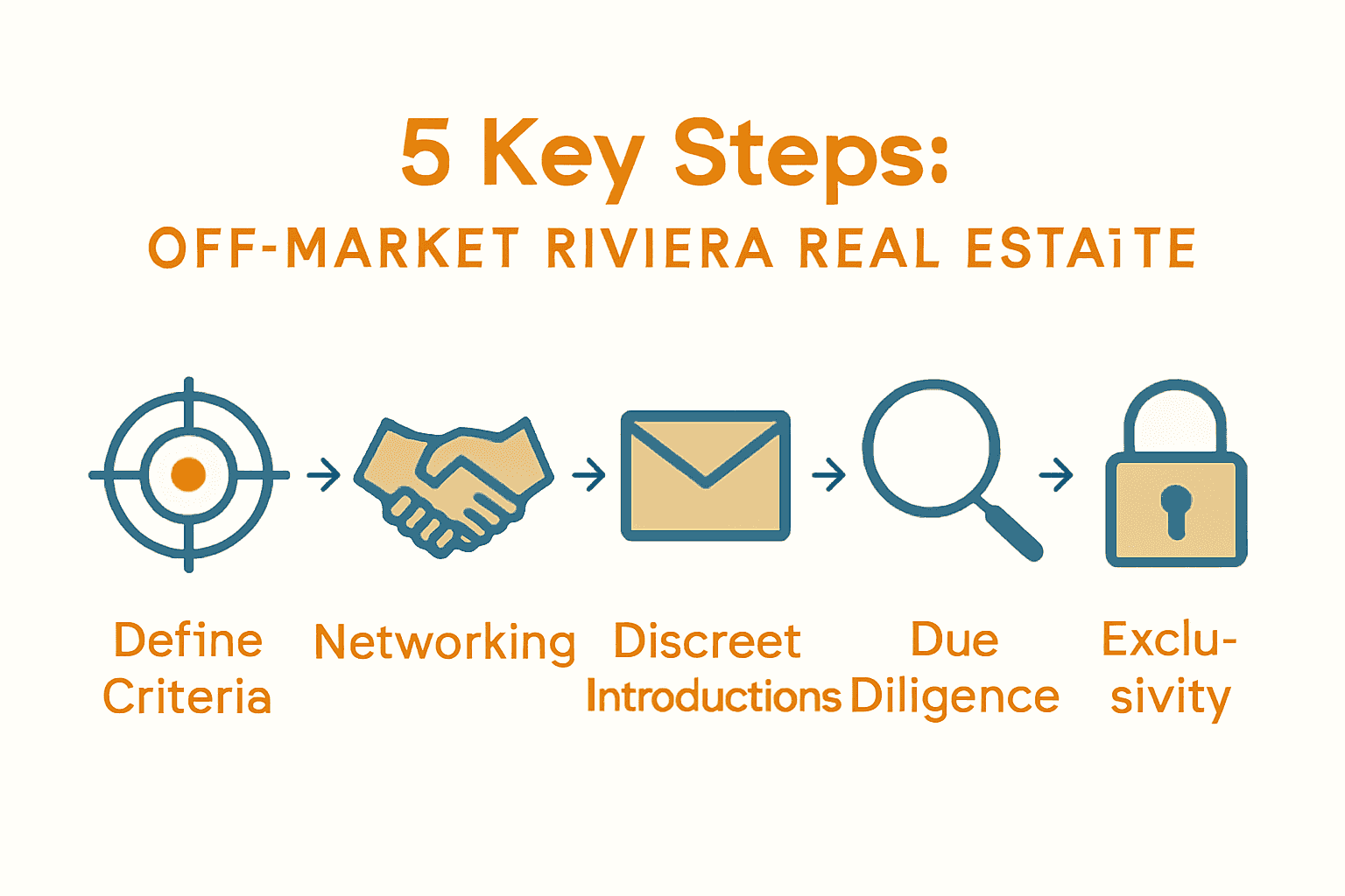 Infographic of 5 essential steps for Riviera off-market property acquisition.