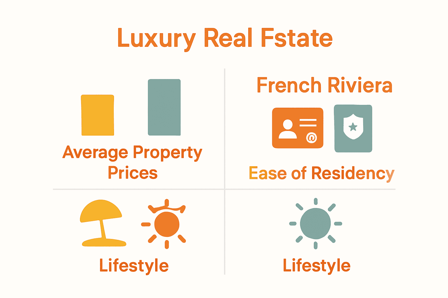 Infographic comparing Portugal and French Riviera luxury properties: prices, residency, lifestyle.