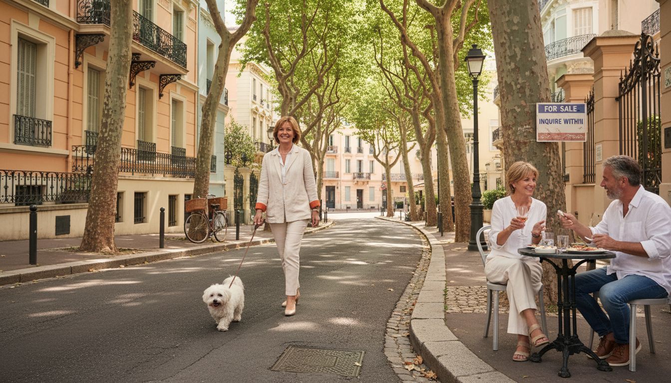 Woman walking dog on Belle Époque street in Cimiez