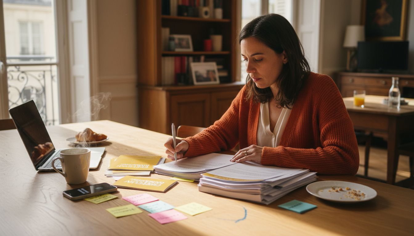 Woman reviews golden visa paperwork at table