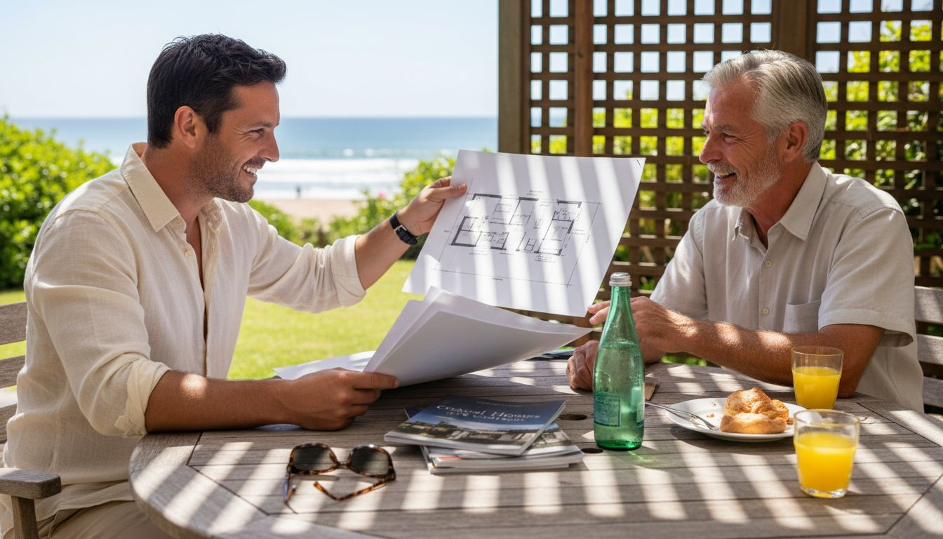 Agent bespreekt vastgoedplannen op patio