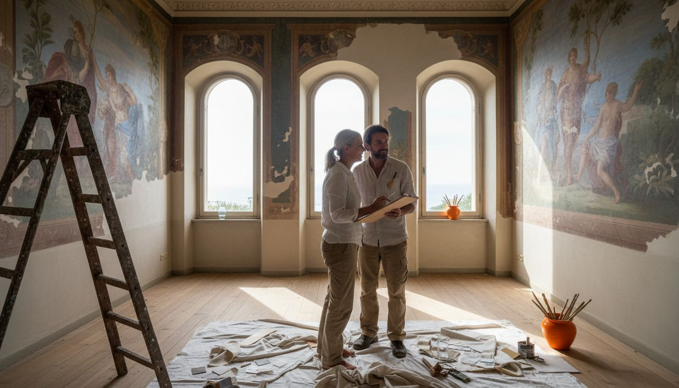 Restorers examining villa interior frescoes