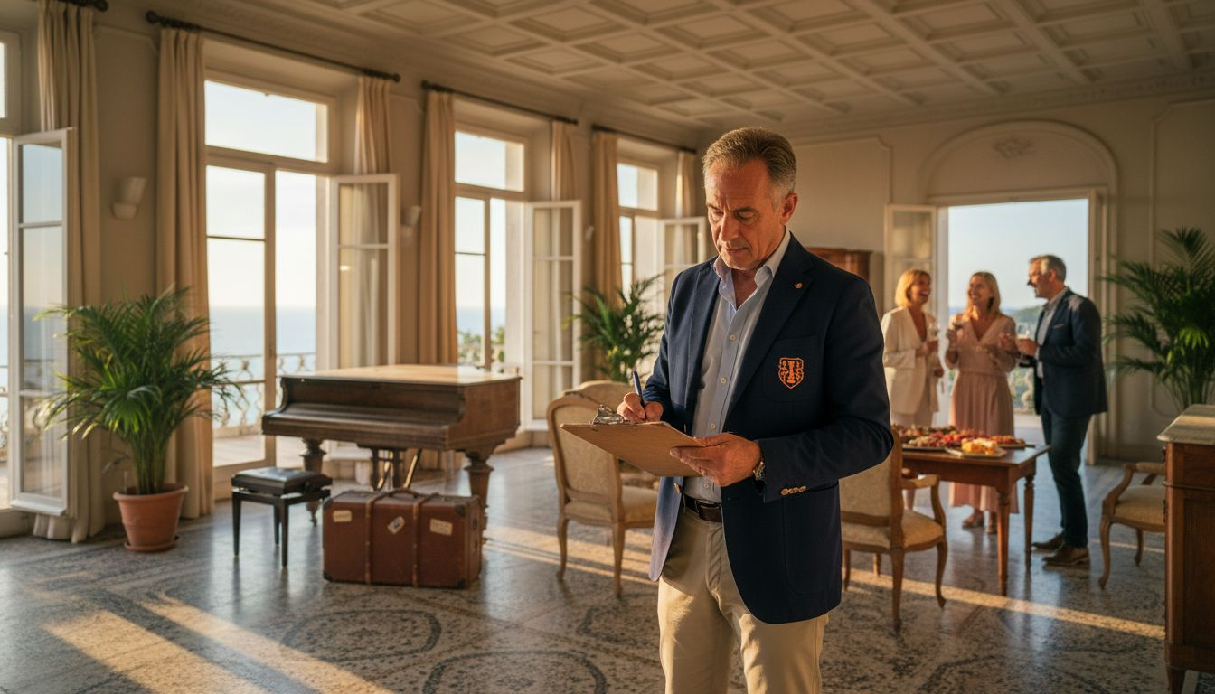 Manager inspecting luxury villa living room