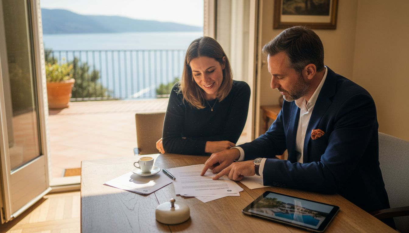 Advisor discusses insurance documents at villa table