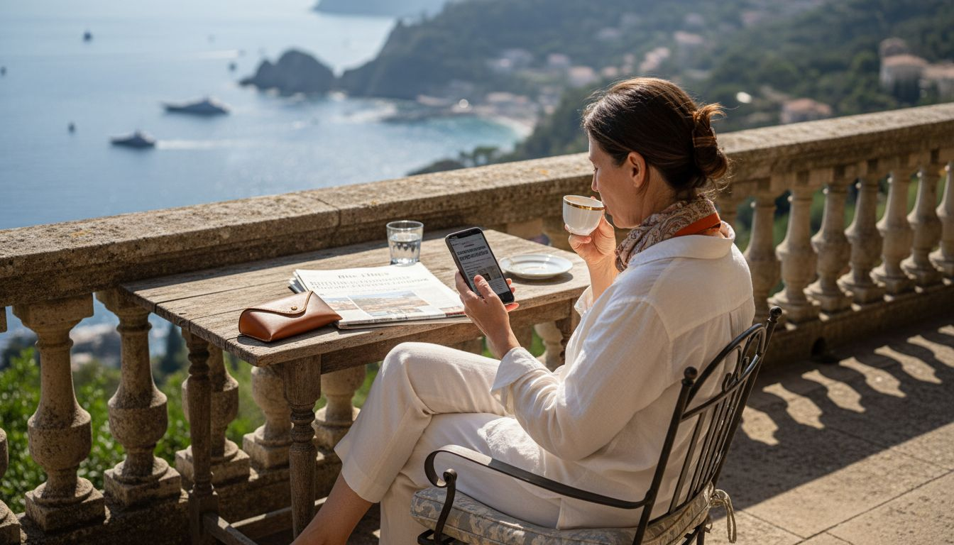 Woman relaxing on luxury terrace with seaview