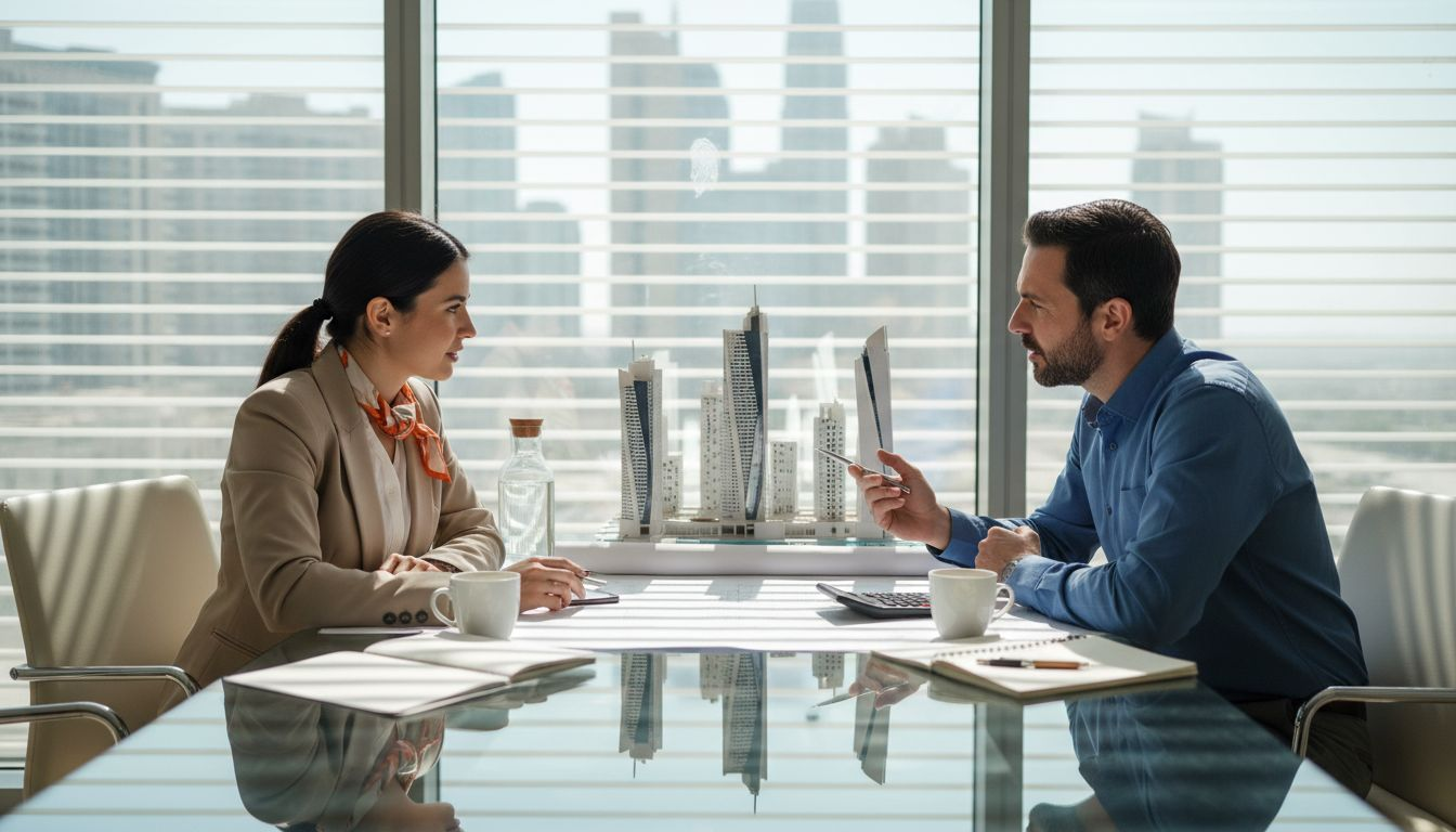 Real estate professionals reviewing Dubai property plans