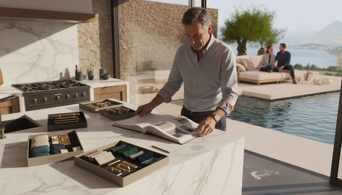 Designer reviewing branded material samples