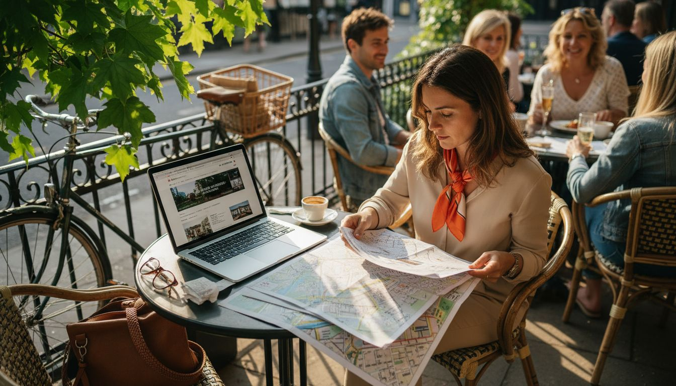Agent studying maps at outdoor café