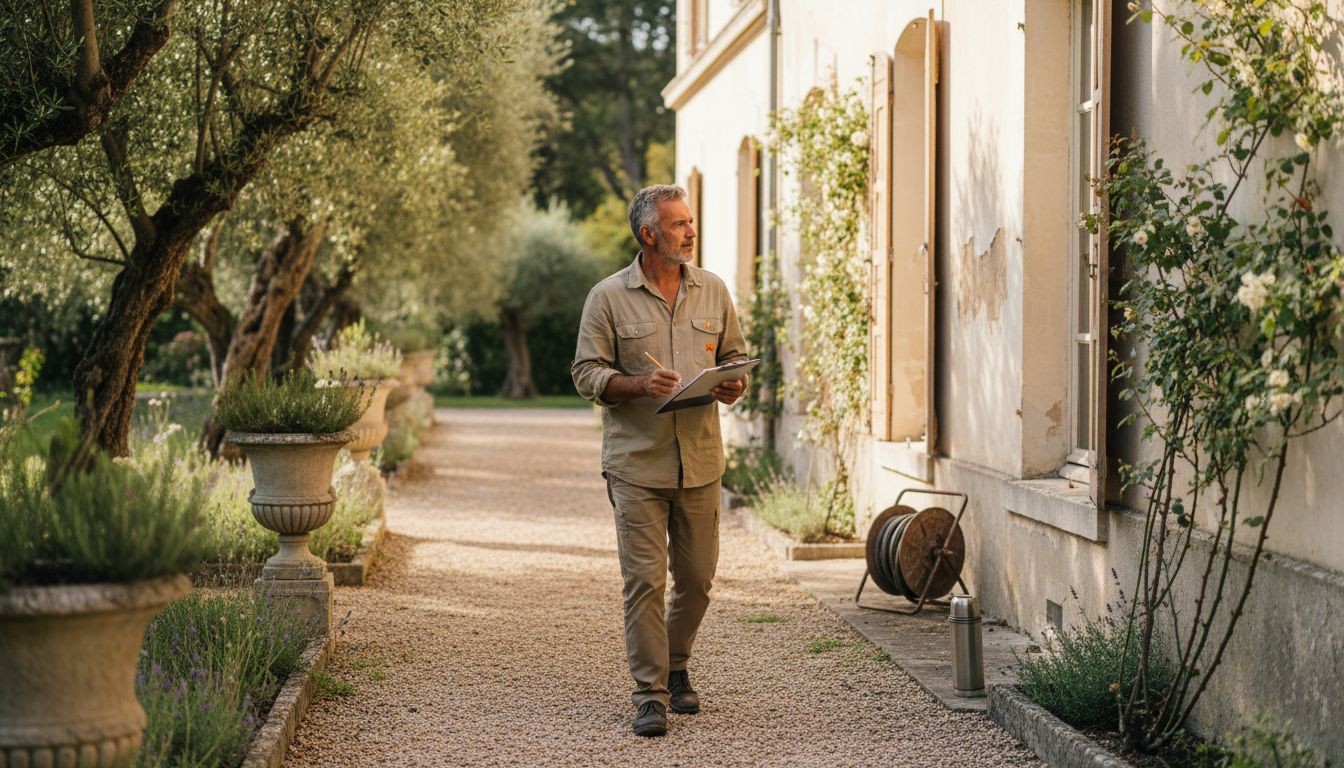 Caretaker inspecting villa garden pathway