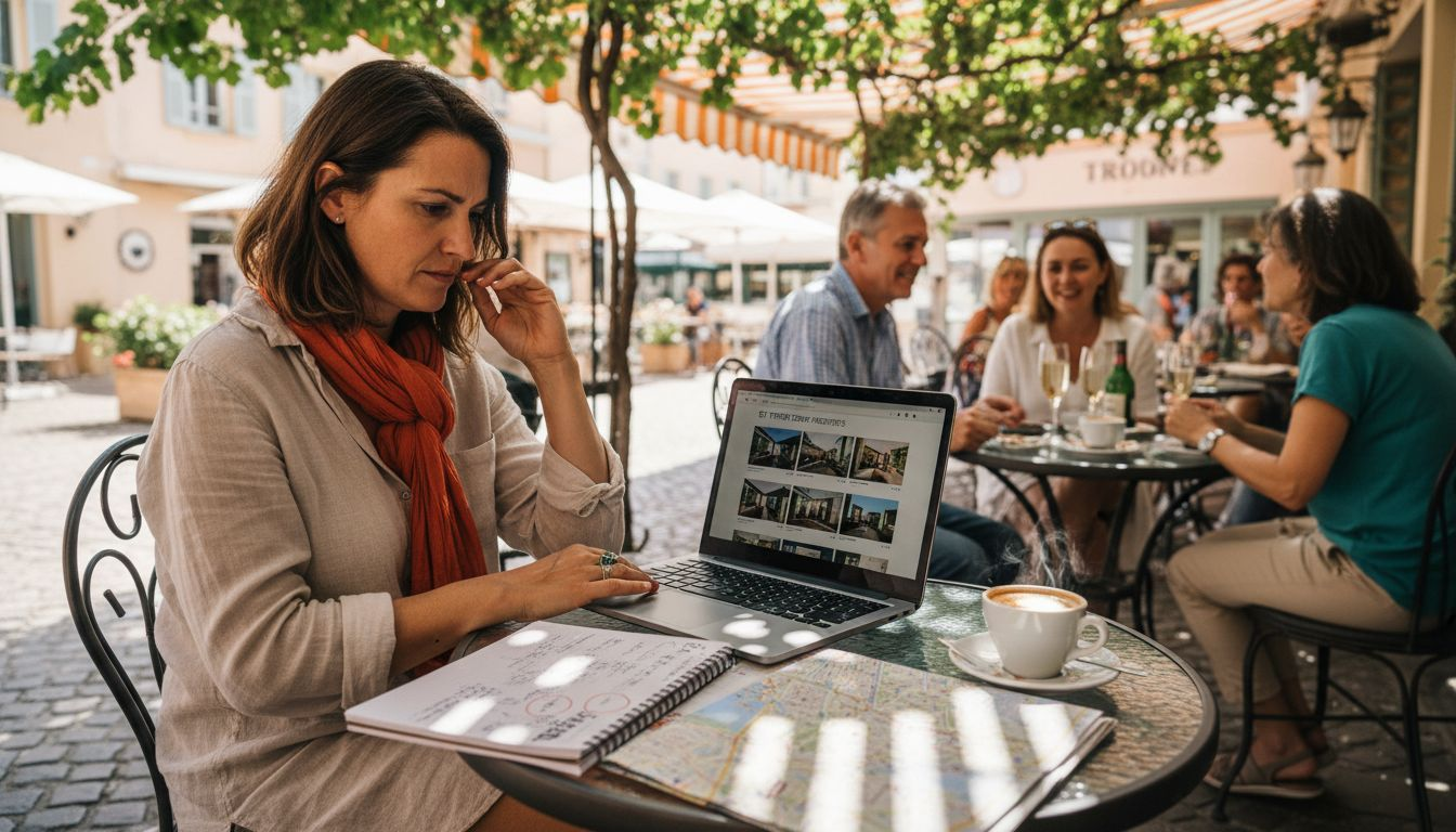 Woman researching property listings in sunny Saint Tropez