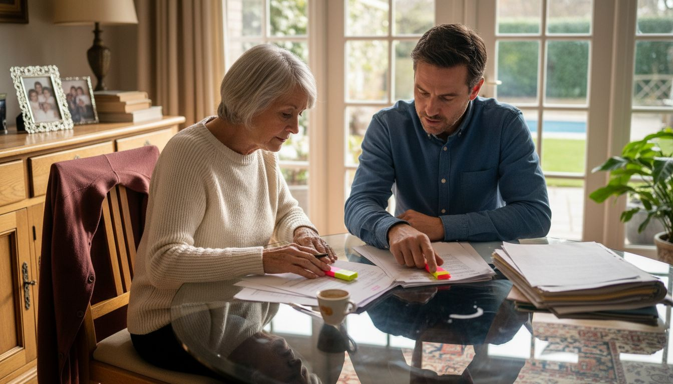 Family reviews inheritance documents at home