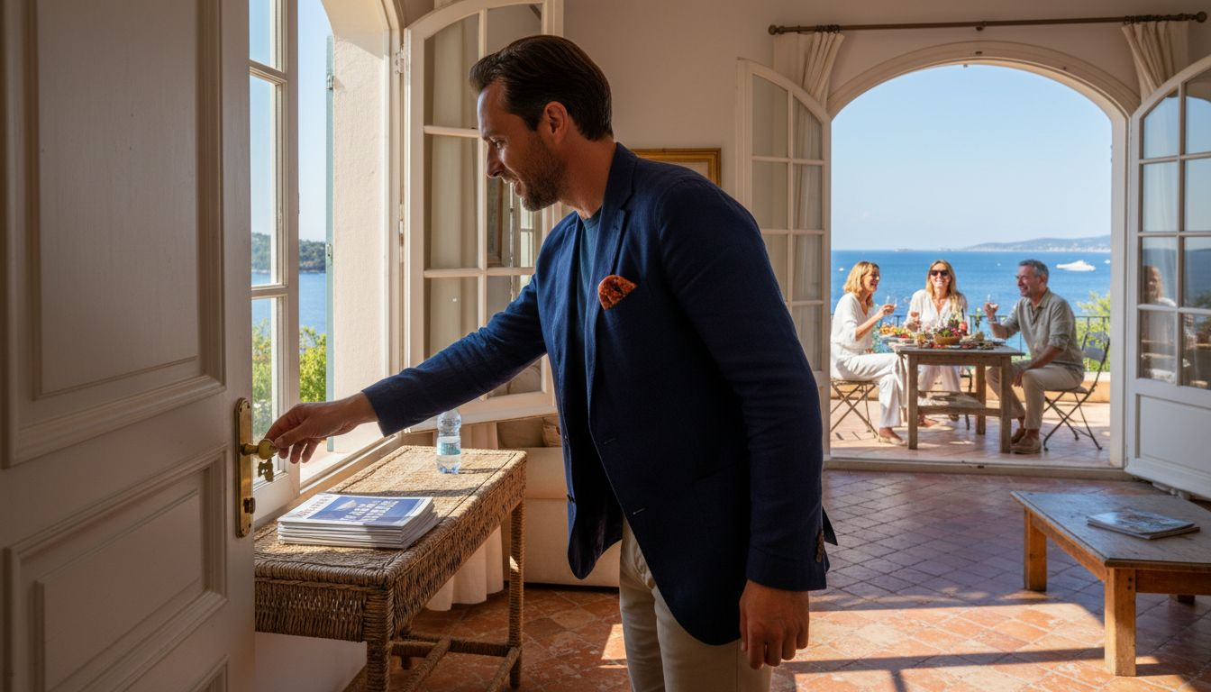 Agent unlocking villa on Riviera coast