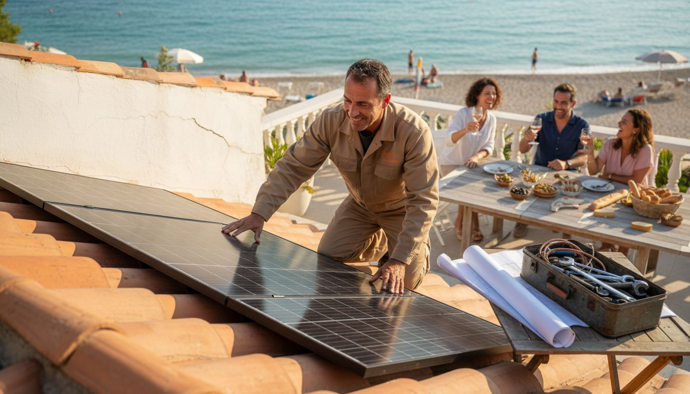Contractor inspecting solar panels on villa roof
